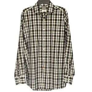 Thomas Dean Long Sleeve Sport Shirt Large Green Black Plaid Cotton Contrast Cuff